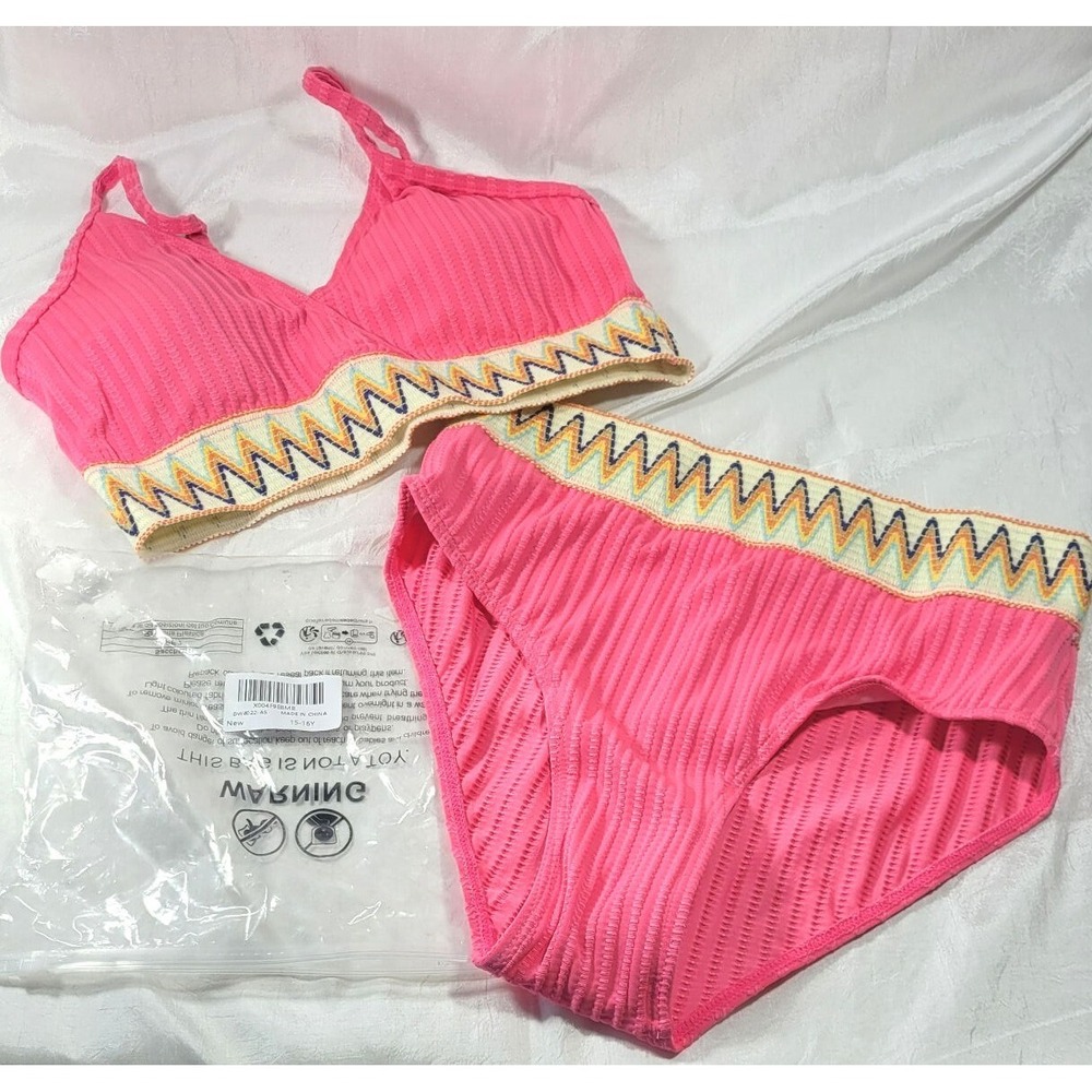 Teen Girl's Aztec Pattern Ribbed 2pc Bikini Swimsuit - Pink - Sz 15/16 Years Old